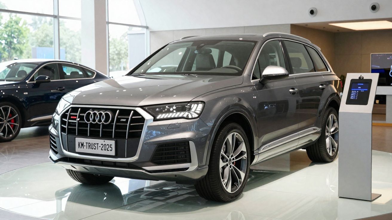 Audi Q7 cinzento exibido numa sala de exposição com ecrã digital ao lado direito.