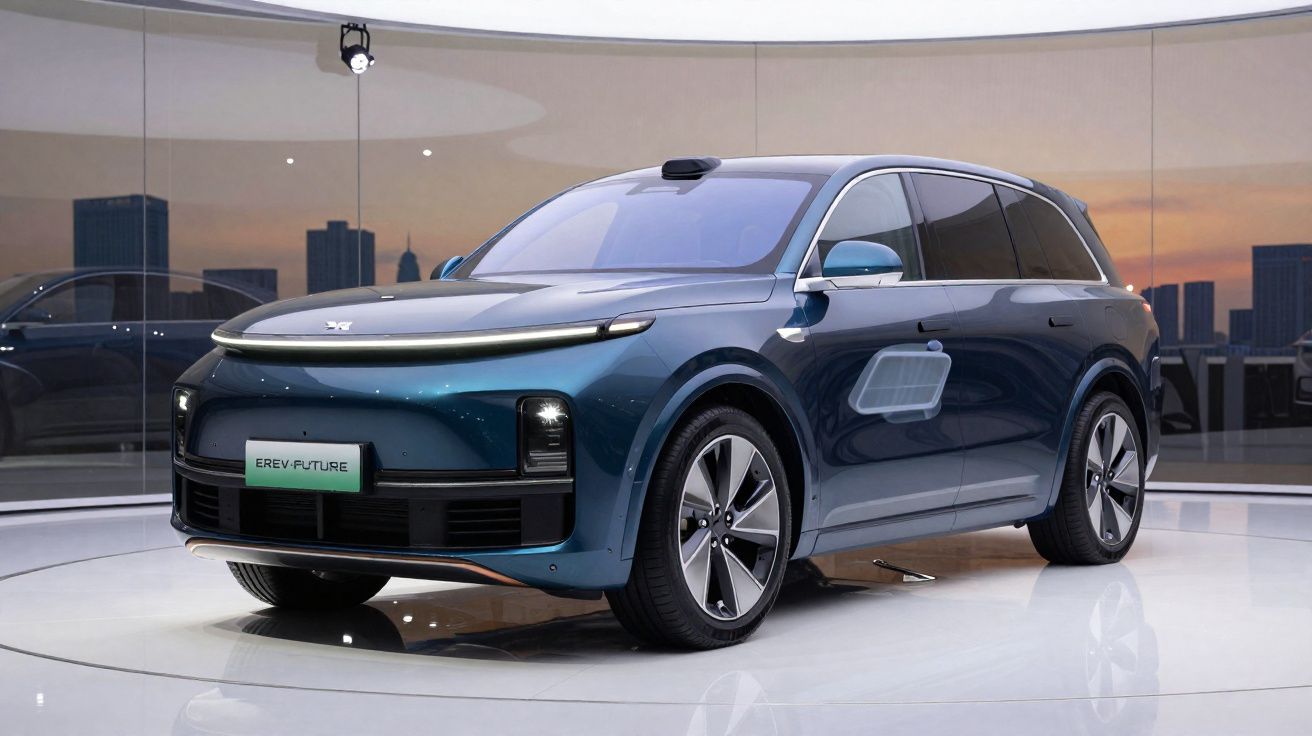 Carro elétrico SUV azul metálico exposto em ambiente moderno com grandes janelas e cidade ao fundo ao pôr do sol.