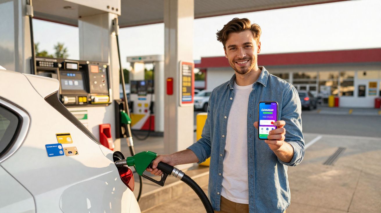Homem sorridente a abastecer carro numa bomba, segurando telemóvel com aplicação de pagamento.