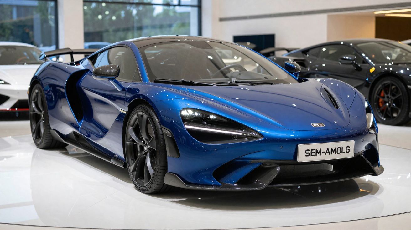 Carro desportivo azul metálico McLaren em exposição numa sala com iluminação suave.