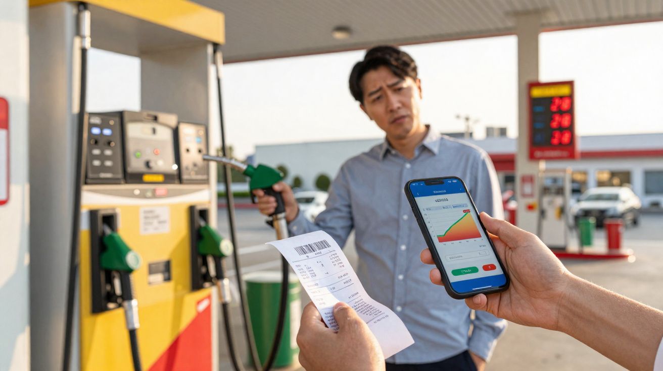 Homem com expressão preocupada segura bomba de gasolina enquanto outra pessoa verifica recibo e app no telemóvel.