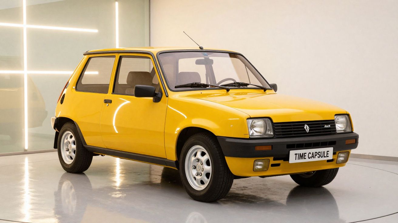 Automóvel clássico amarelo Renault 5 Turbo em exibição num espaço interior moderno.