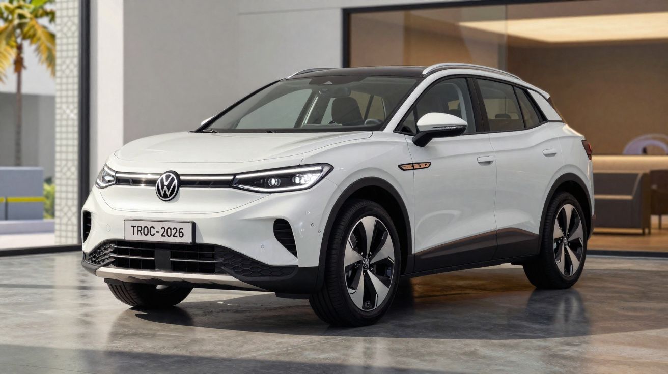 Carro elétrico SUV Volkswagen TROC 2026, branco com teto preto, em ambiente moderno interior.