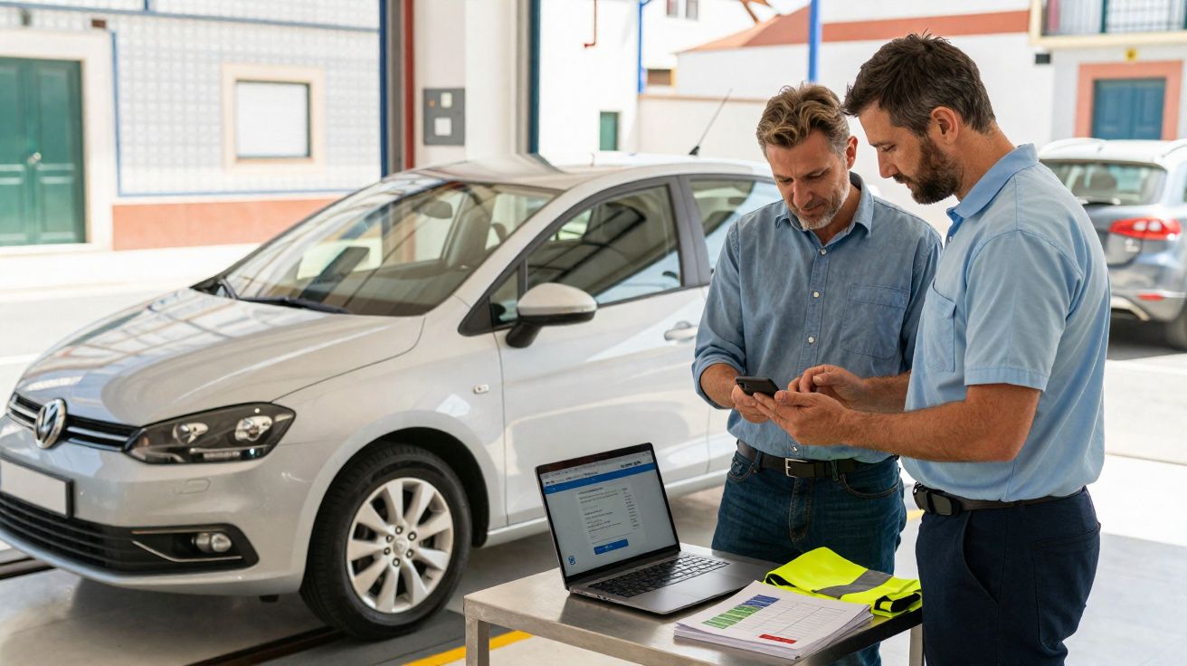 Dois homens analisam um telemóvel numa oficina, com carro prateado e computador portátil na mesa.