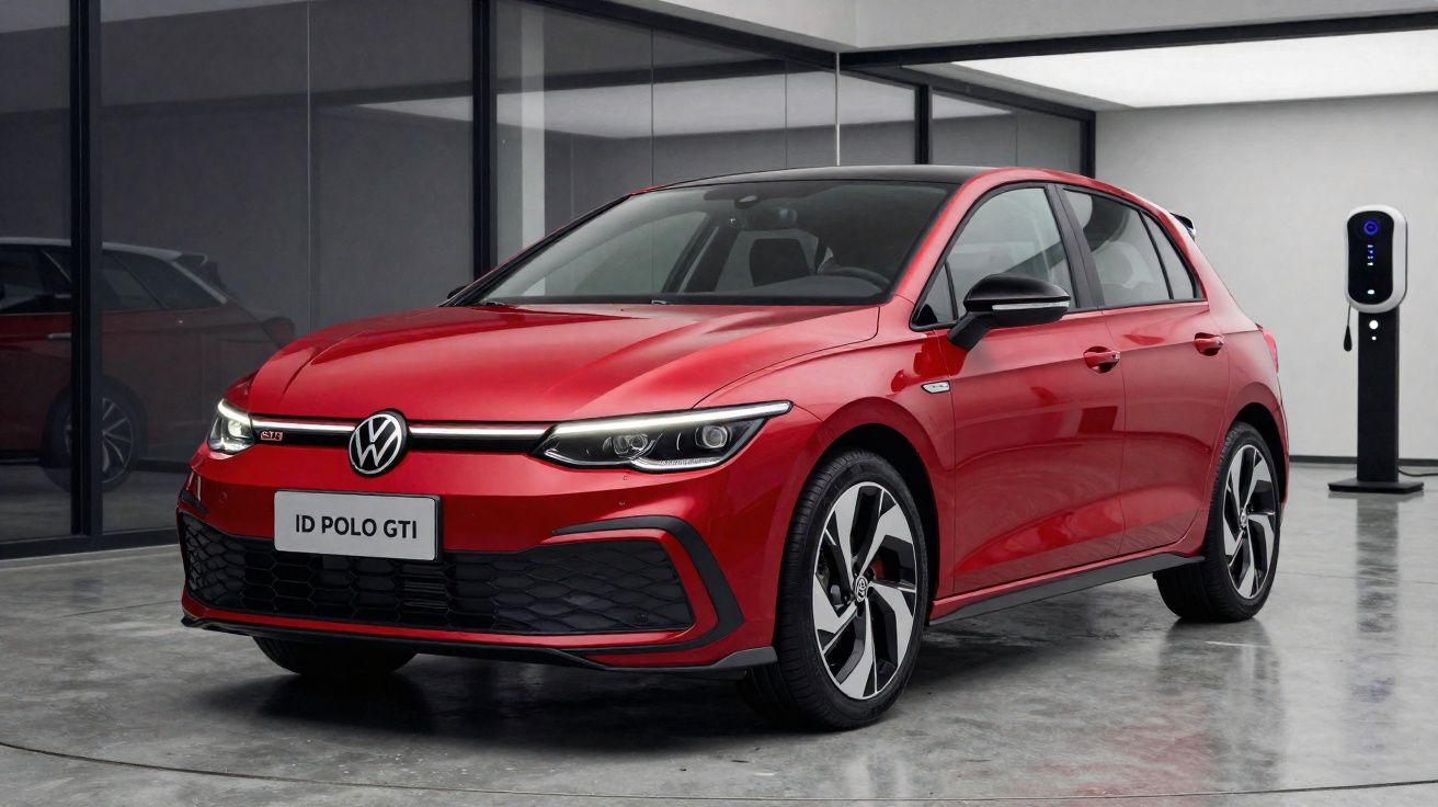 Carro vermelho Volkswagen ID Polo GTI estacionado numa garagem moderna junto a um carregador elétrico.
