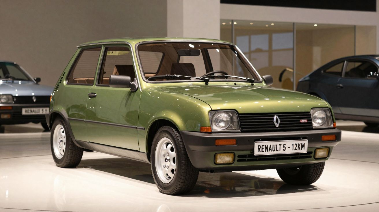 Renault 5 verde em exposição, vista frontal e lateral, com faróis quadrados e jantes brancas.