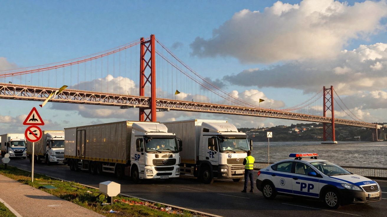 Camiões parados junto ao rio com polícia e a ponte 25 de Abril ao fundo em Lisboa.