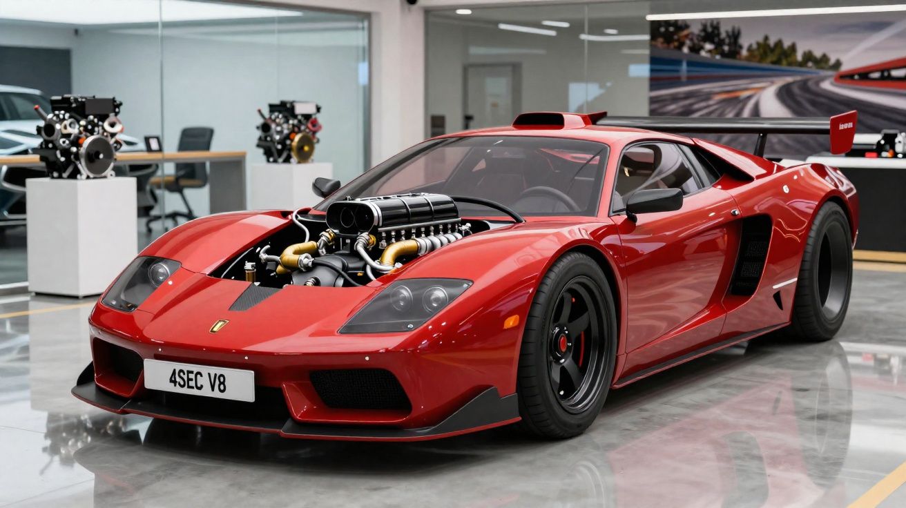 Carro desportivo vermelho com motor exposto, em exposição numa sala moderna com chão refletor.