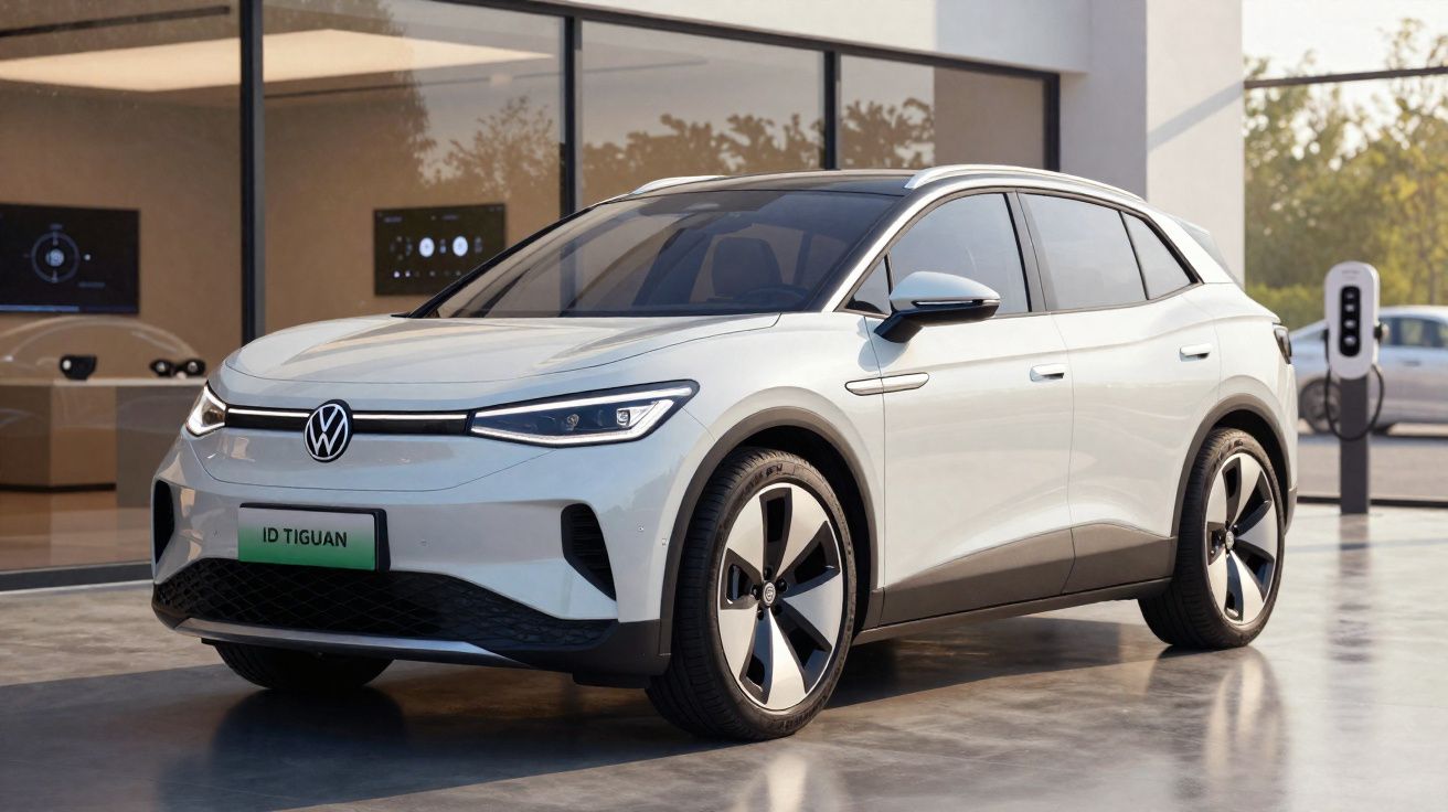 Carro elétrico Volkswagen ID Tiguan branco estacionado em espaço moderno com carregador ao fundo.
