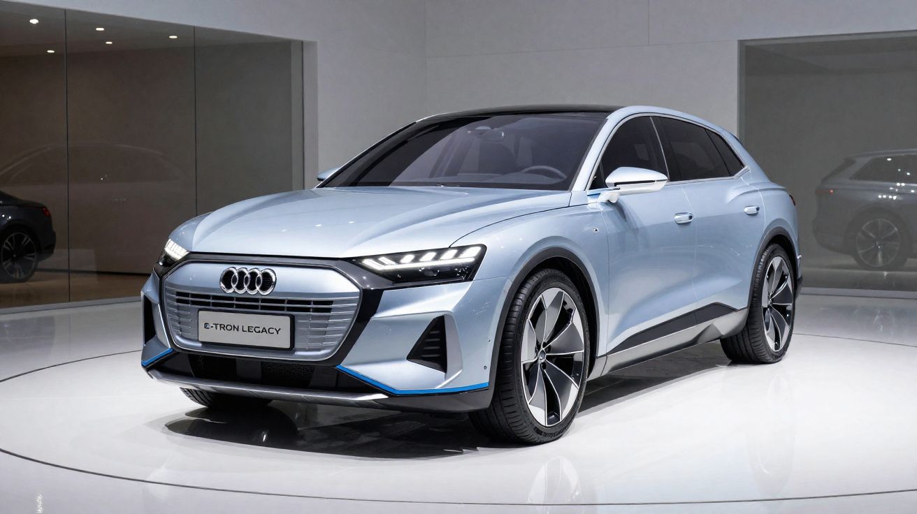 Audi E-Tron Legacy elétrico de cor azul claro exibido em plataforma branca num salão automóvel.