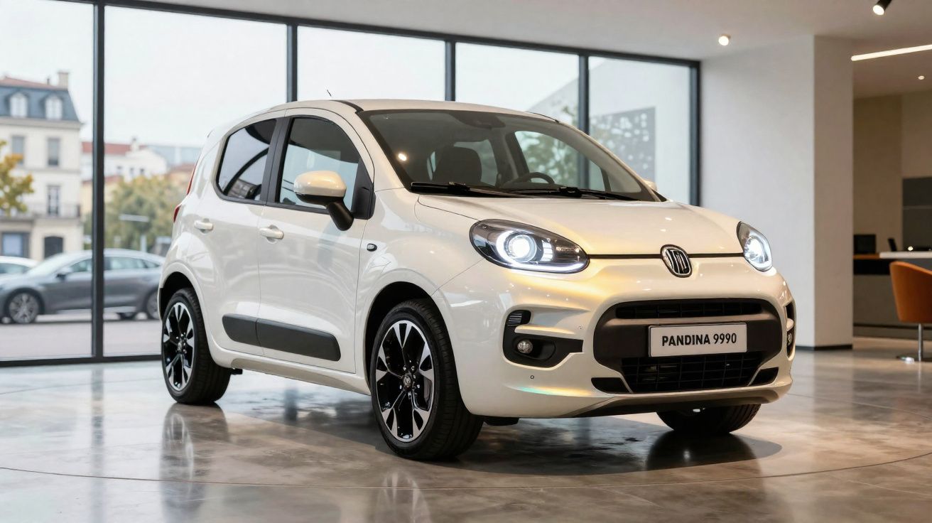 Automóvel branco Fiat Pandina 9990 em exposição num showroom moderno com janelas amplas.