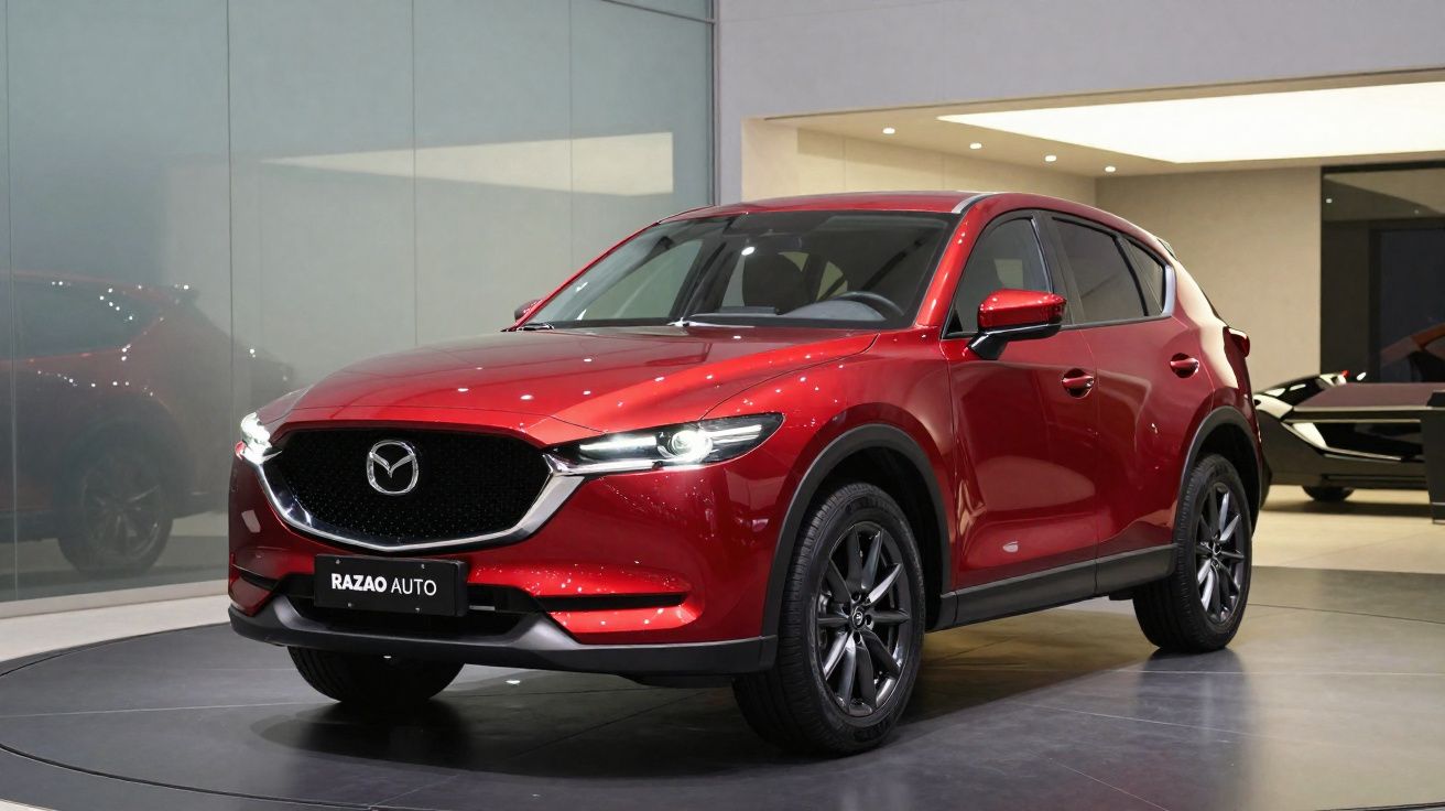 Automóvel SUV Mazda CX-5 vermelho exposto numa feira automóvel em ambiente interior moderno.