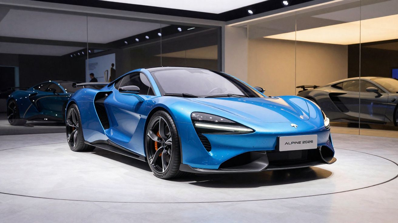 Carro desportivo azul estacionado num showroom moderno com paredes espelhadas.