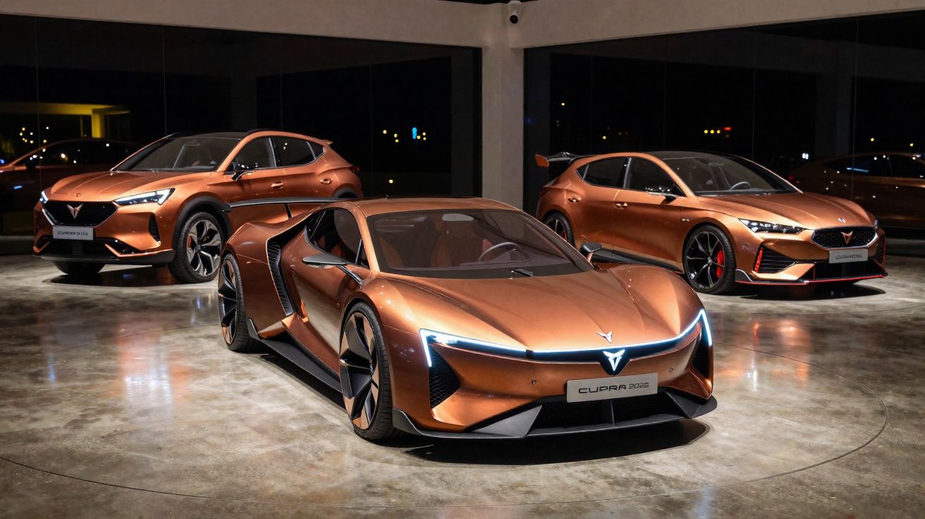 Três carros desportivos CUPRA de cor cobre expostos numa sala com chão de cimento polido à noite.