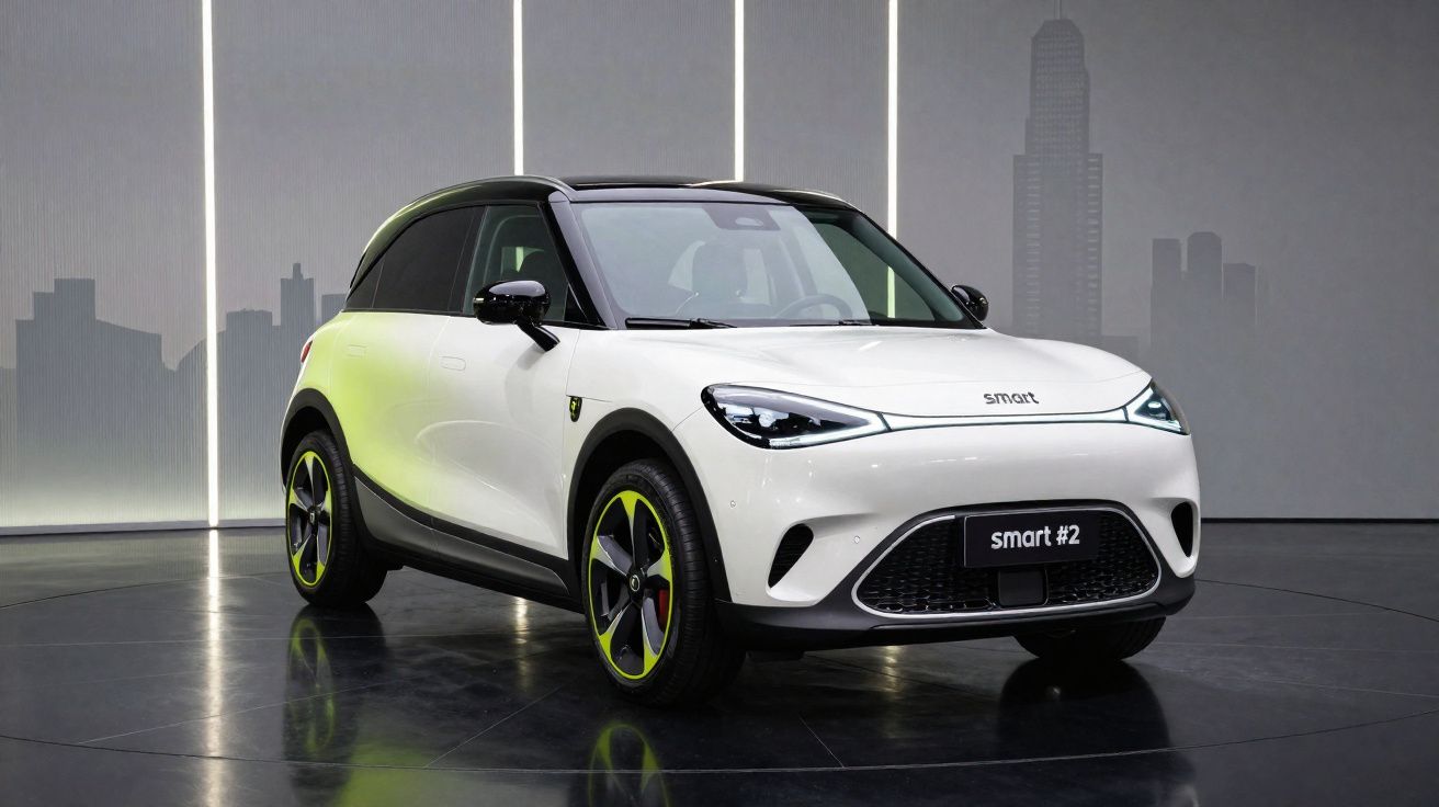 Carro elétrico Smart #2 branco e preto com detalhes em verde, apresentado em ambiente moderno e iluminado.