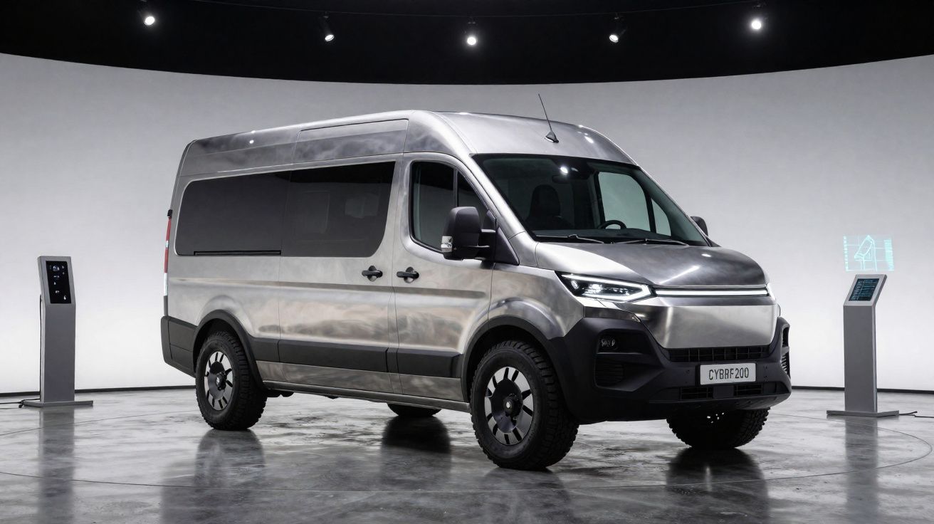 Carrinha eléctrica cinzenta exposta em ambiente minimalista com iluminação focada e ecrãs táteis ao lado.