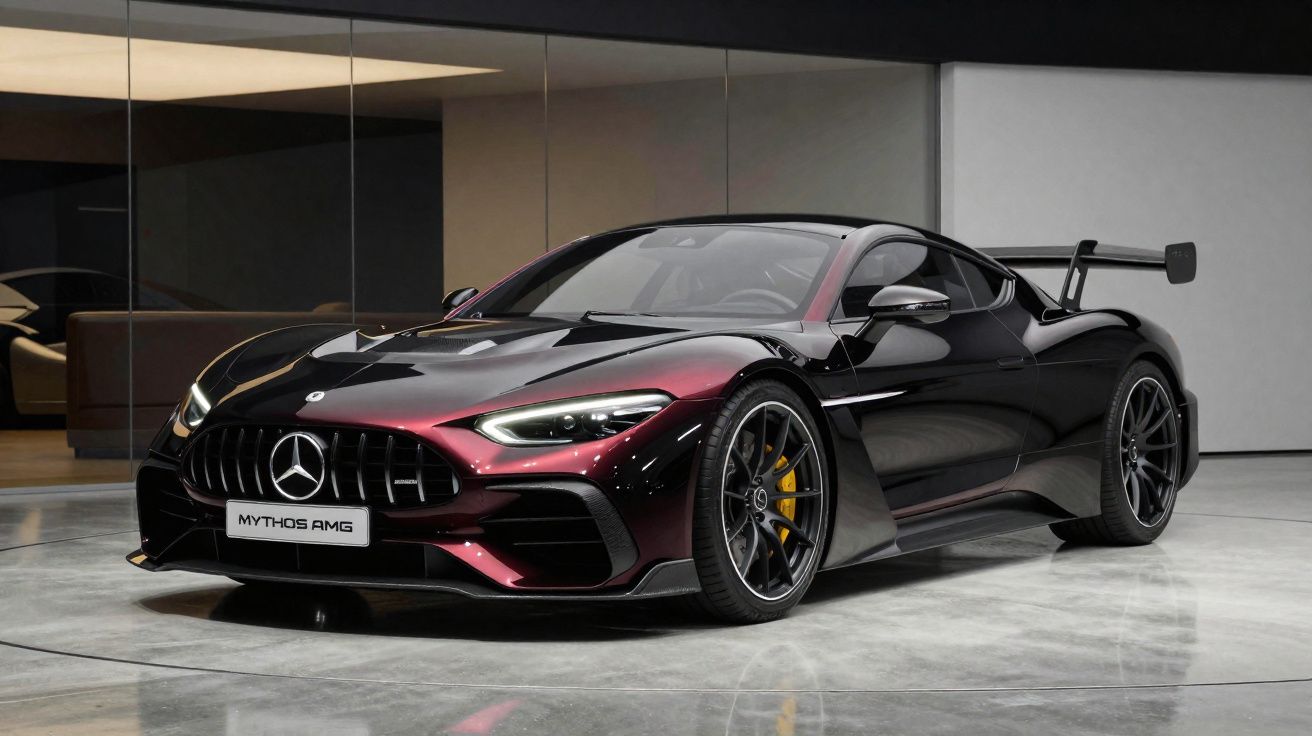 Carro desportivo Mercedes-Benz Mythos AMG em cor preta com detalhes vermelhos, apresentado num ambiente moderno e minimalista