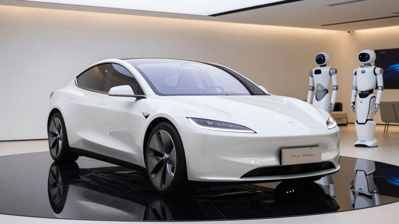 Carro elétrico branco Tesla numa exposição moderna com dois robôs ao fundo.