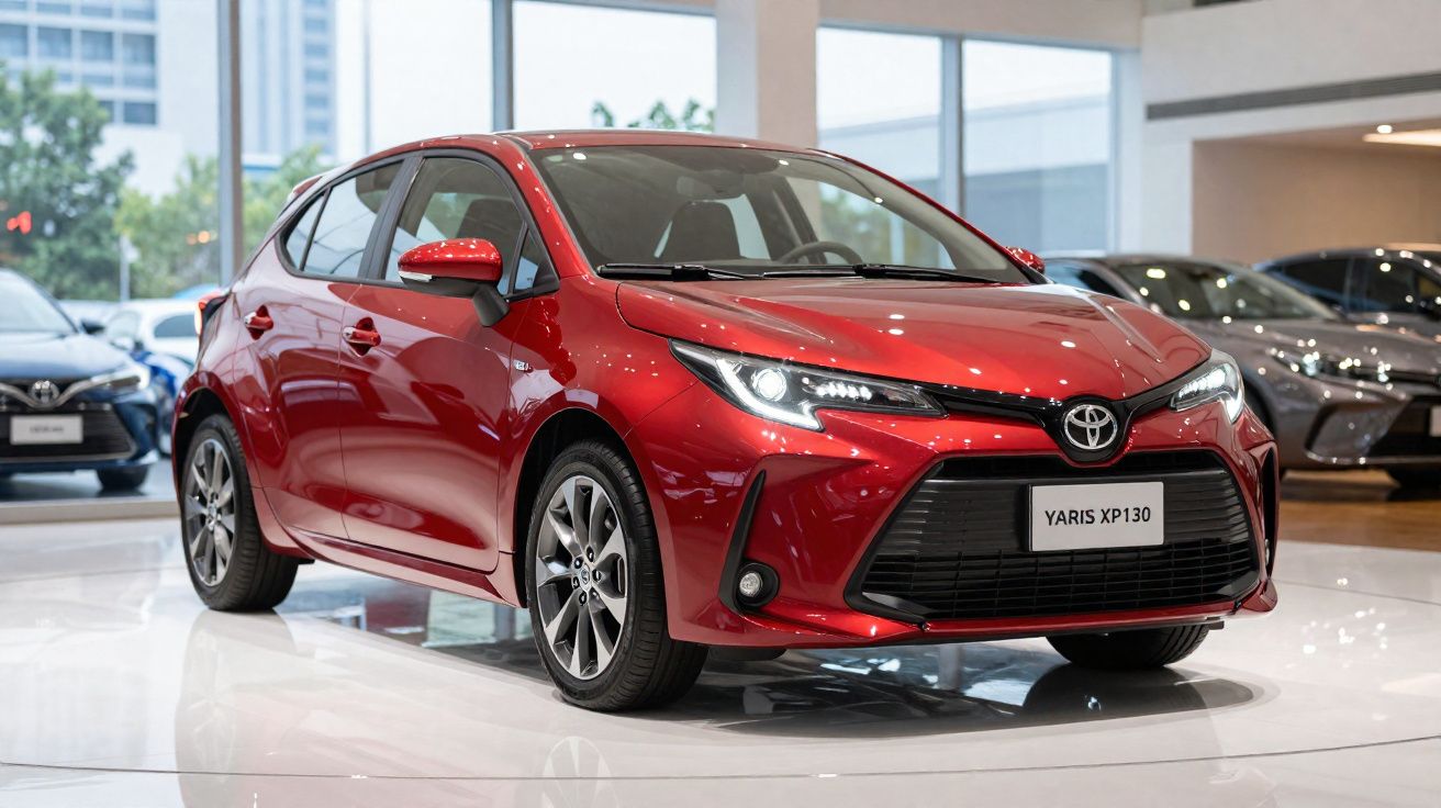 Carro Toyota Yaris XP130 vermelho em exposição numa sala de showroom de automóveis moderna.