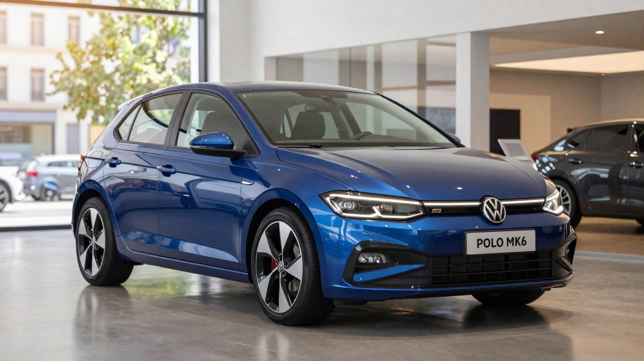 Volkswagen Polo MK6 azul estacionado no interior de uma garagem moderna com janelas grandes.