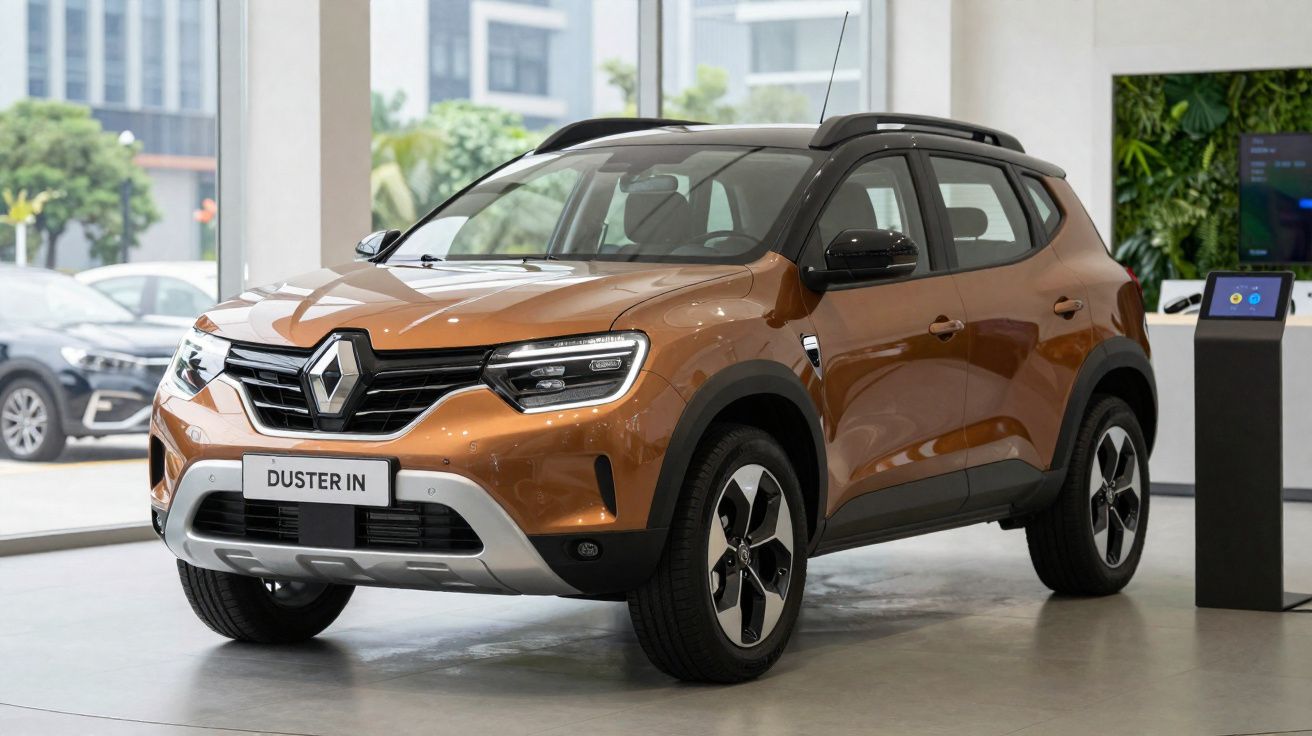 Renault Duster IN dourado em exposição numa sala moderna com grande janela e plantas decorativas.