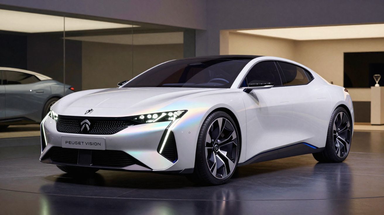 Carro desportivo elétrico Peugeot Vision branco, com design moderno e faróis LED, estacionado em interior com espelho atrás.