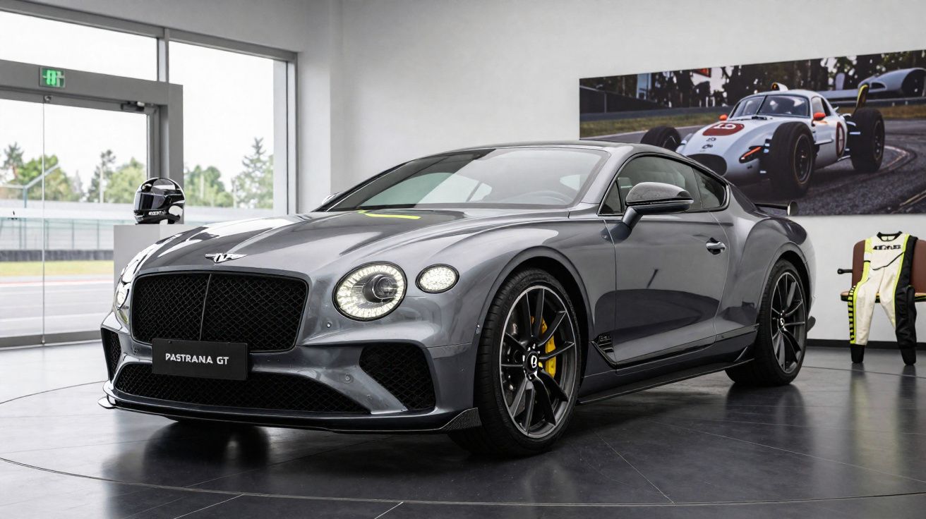Carro esportivo cinza Bentley Pastrana GT exibido em salão com capacete e fato de condução ao fundo.