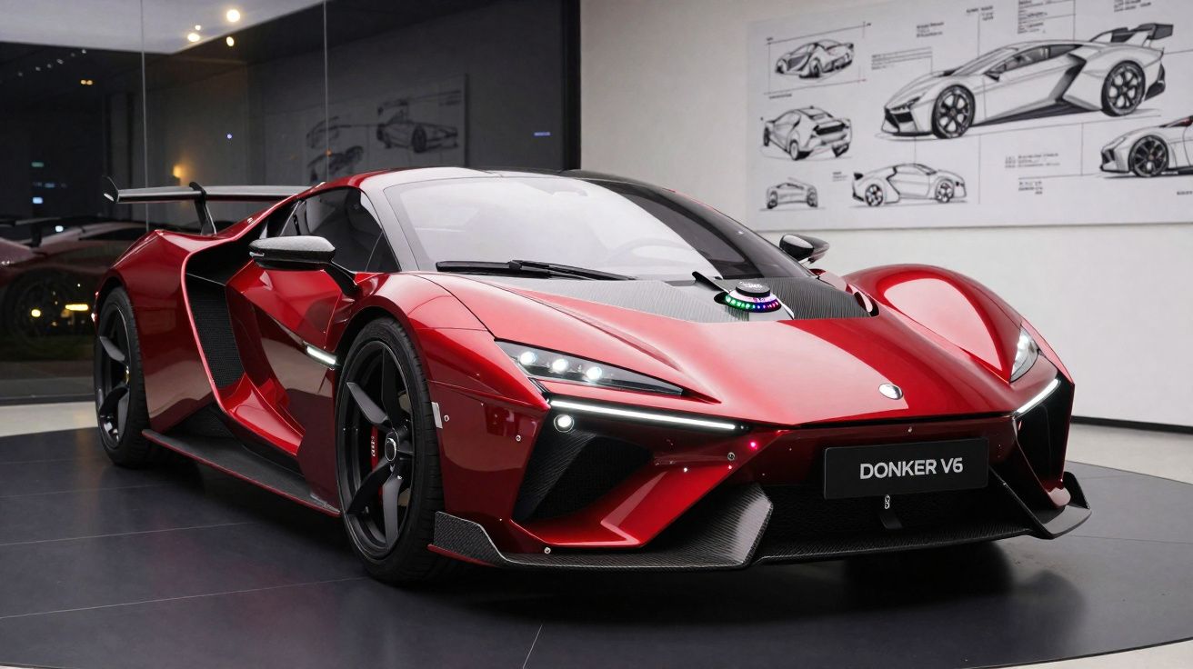 Carro desportivo vermelho Donker V6 exposto em sala com desenhos de automóveis na parede.