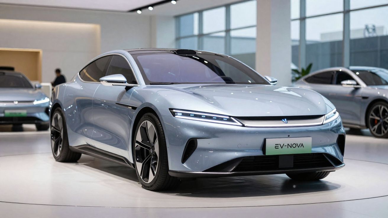 Carro elétrico cinza metalizado EV-NOVA exposto em showroom moderno com grande iluminação natural.