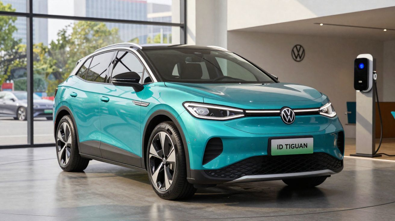 Carro elétrico Volkswagen ID Tiguan azul em exposição numa sala moderna com parede de vidro.