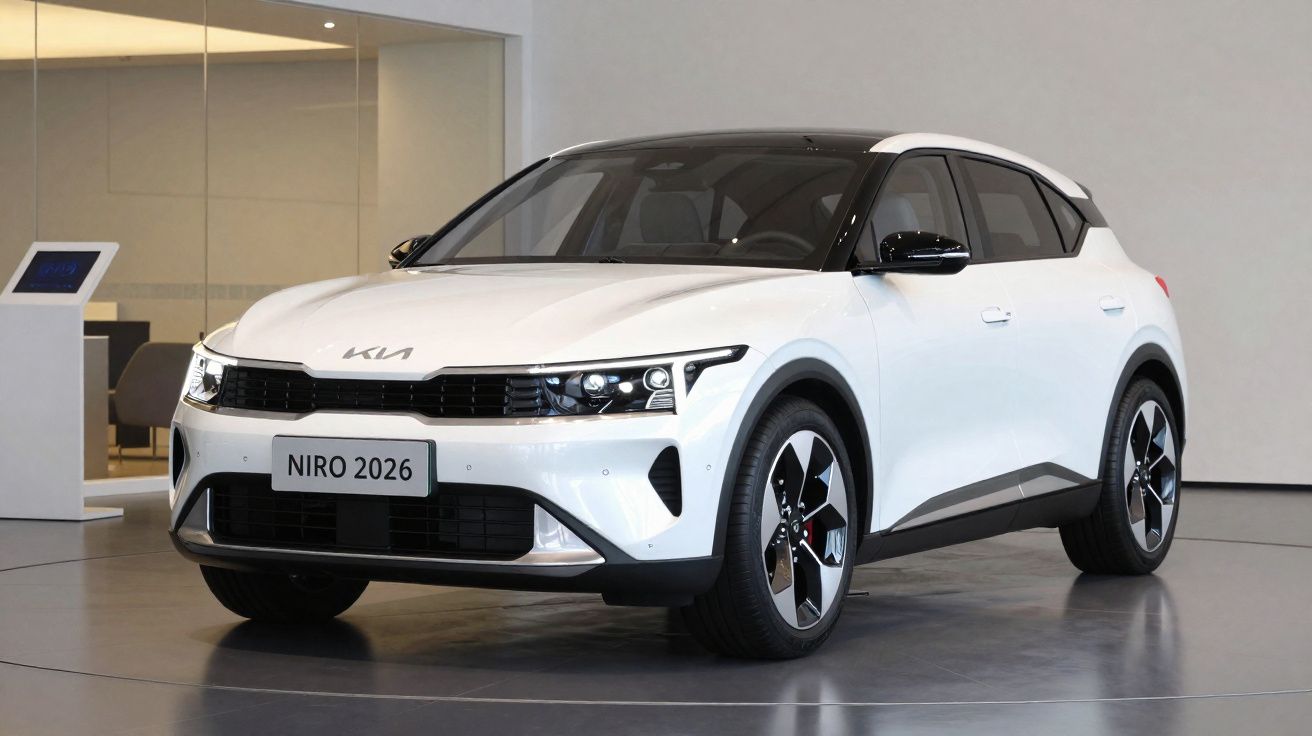 Carro Kia Niro 2026 branco moderno exibido num salão com piso cinzento.