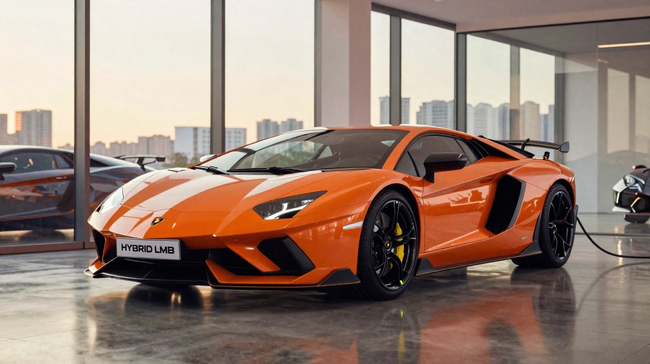 Carro desportivo híbrido laranja Lamborghini a carregar numa garagem moderna com janelas de vidro.