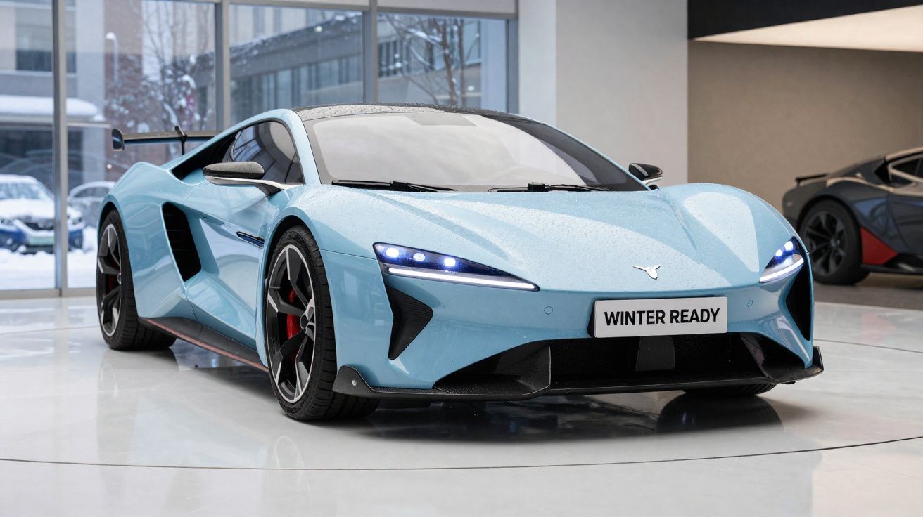 Carro desportivo azul claro com faróis LED ligado em exposição interior com neve visível pela janela.