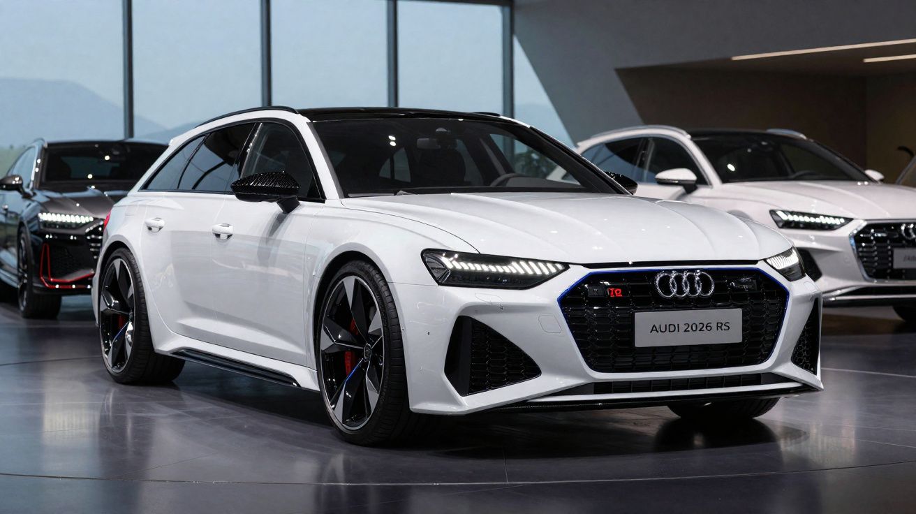 Carro desportivo Audi 2026 RS branco exposto em showroom moderno com iluminação natural e carros ao fundo.