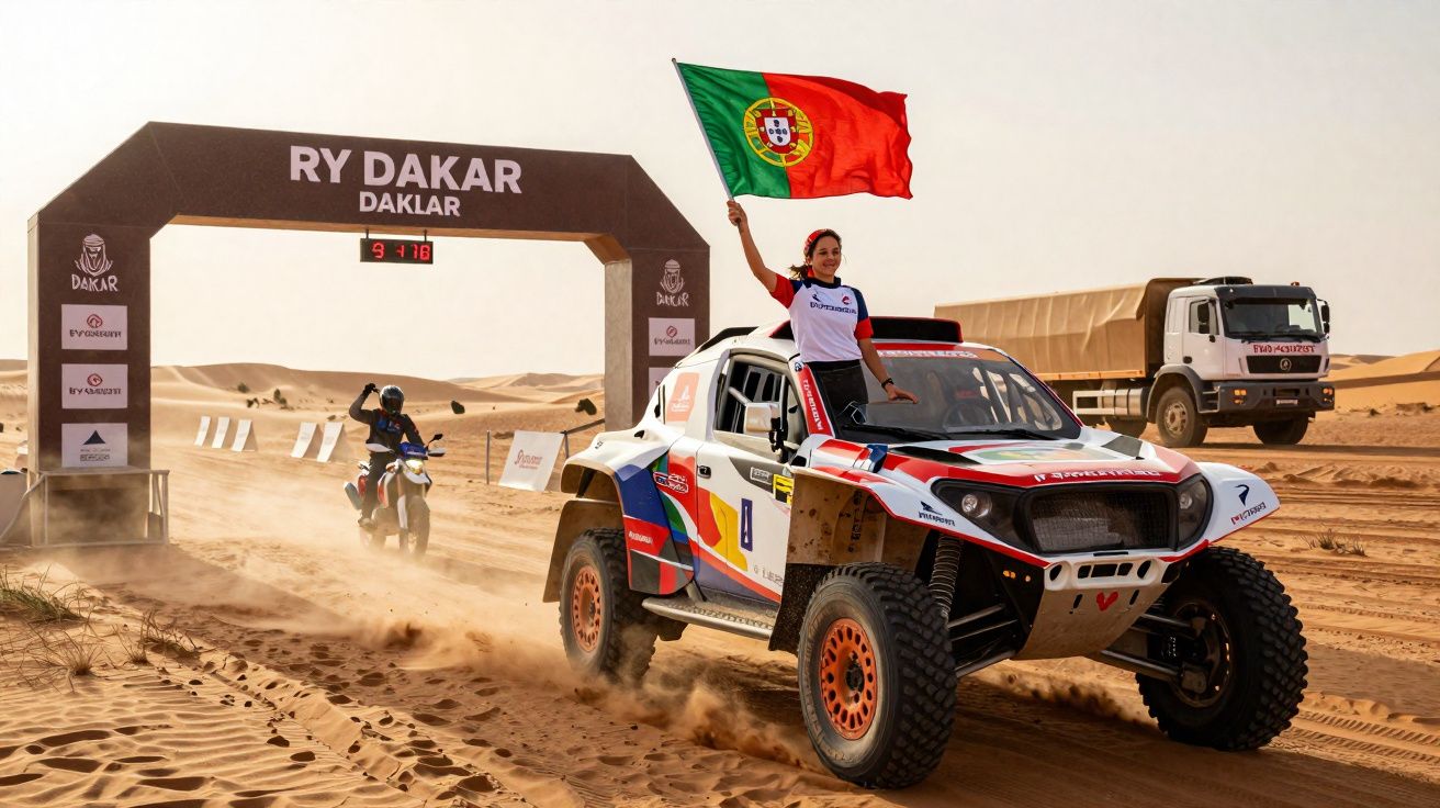 Carro de rali passa pela linha de chegada no deserto com piloto a segurar a bandeira de Portugal.
