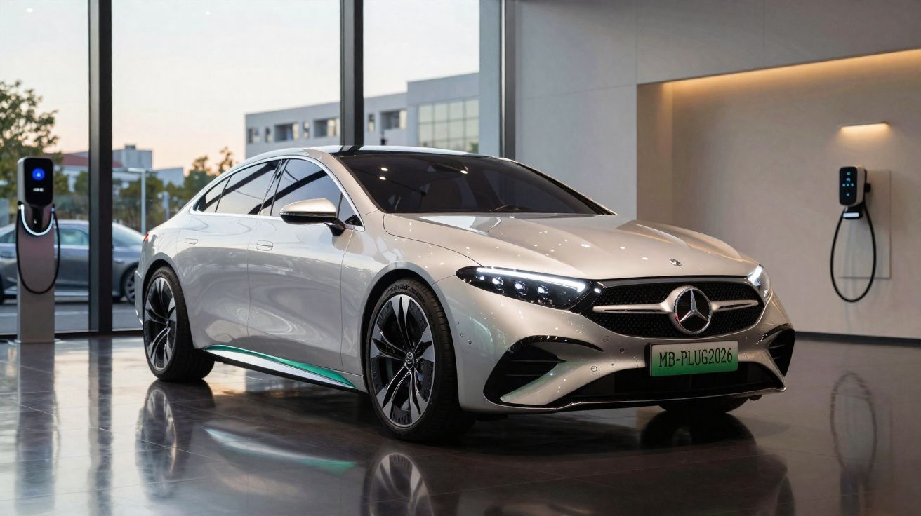 Carro elétrico Mercedes-Benz prata estacionado interior com carregadores de bateria visíveis.