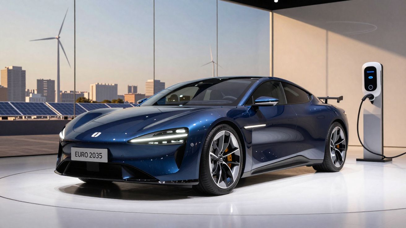 Carro desportivo elétrico azul estacionado e a carregar junto a posto de carregamento em sala moderna.