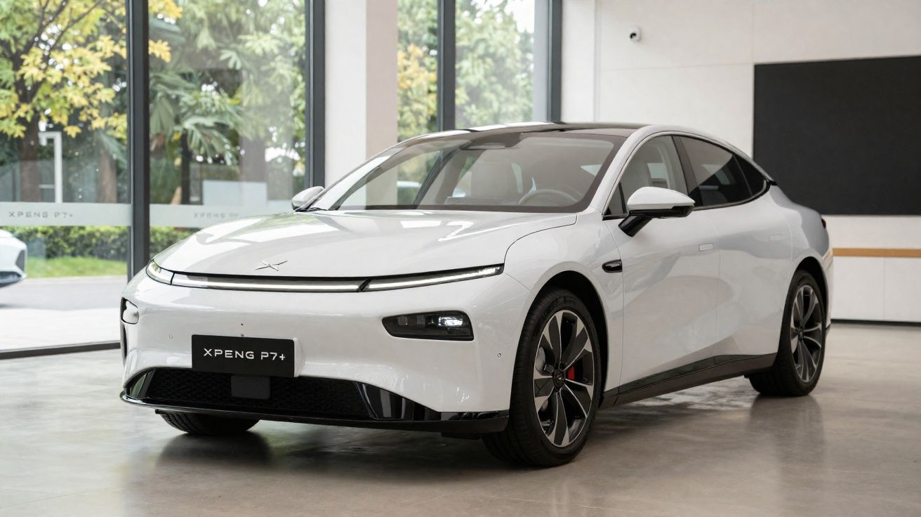 Carro elétrico branco XPeng P7+ estacionado dentro de um showroom moderno com janelas amplas.