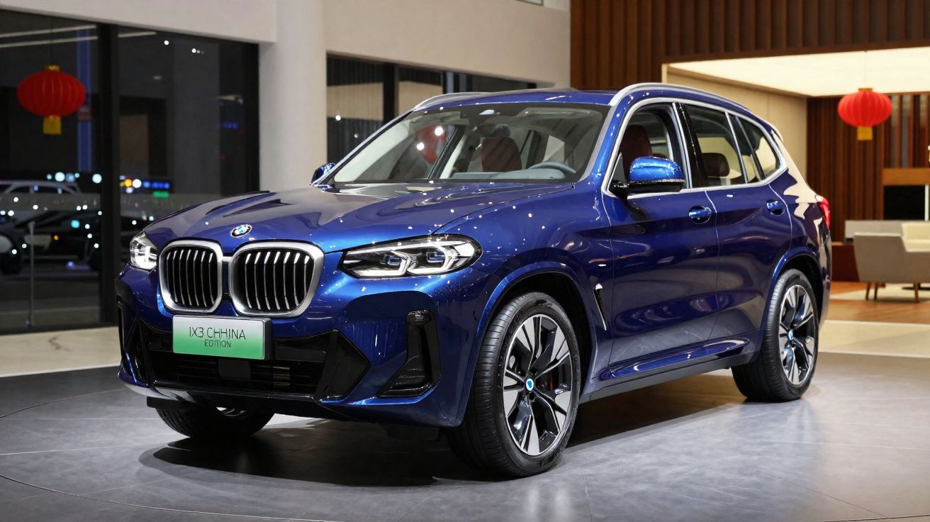 Carro BMW X3 China Edition azul metálico exposto em espaço interior moderno.