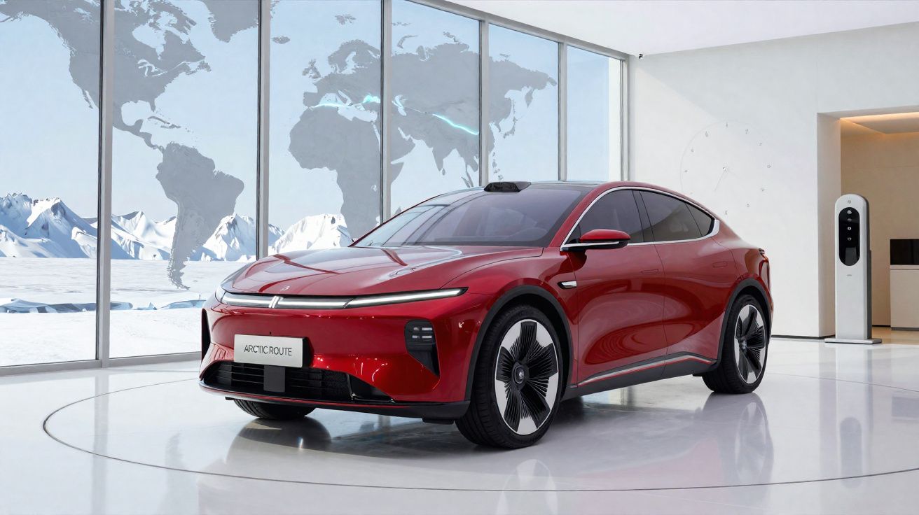 Carro elétrico vermelho moderno numa sala branca com parede de vidro e mapa-múndi ao fundo.