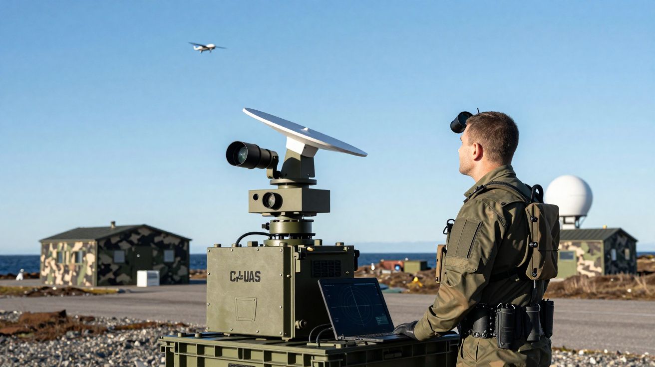 Soldado a operar sistema de controlo de drone com um drone a voar em fundo costeiro.