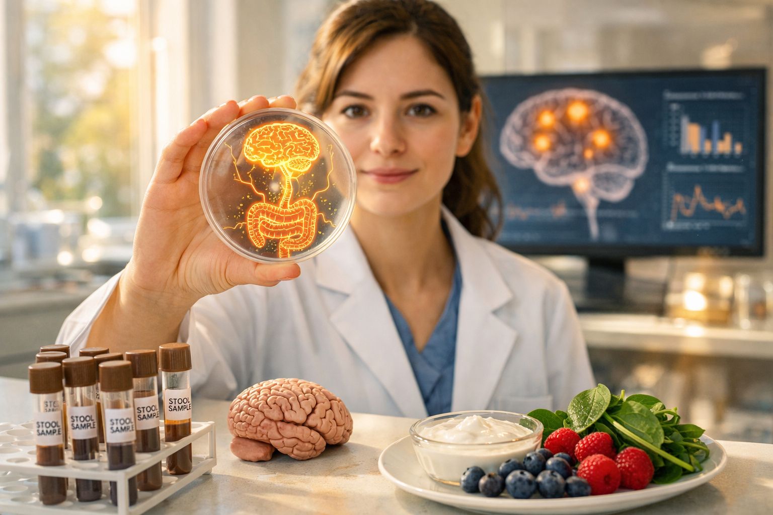 Cientista mostra placa de petri com ilustração do cérebro e intestino, com amostras, cérebro e alimentos à frente.