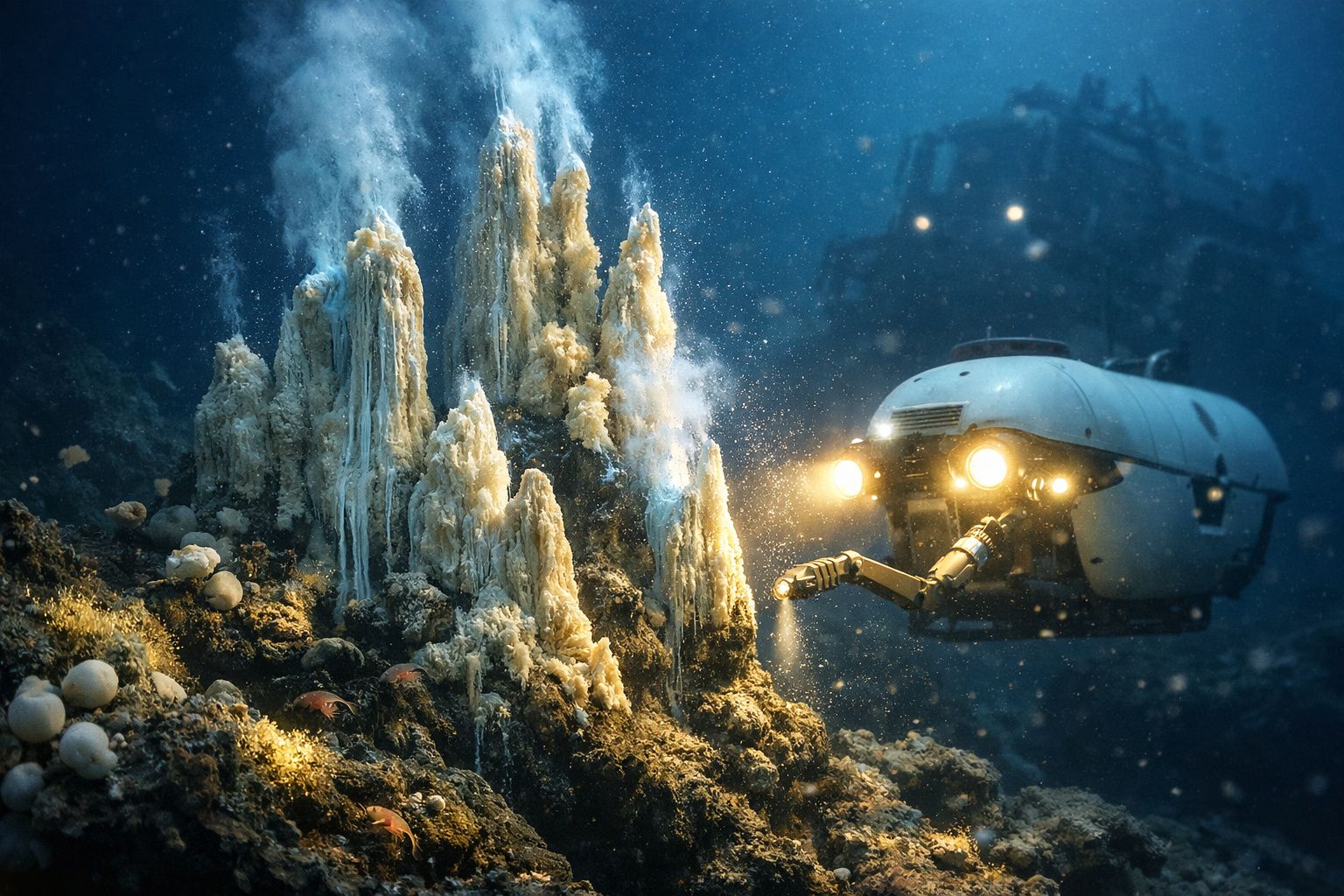 Veículo subaquático explorando formações hidrotermais no fundo do oceano com luzes ligadas.