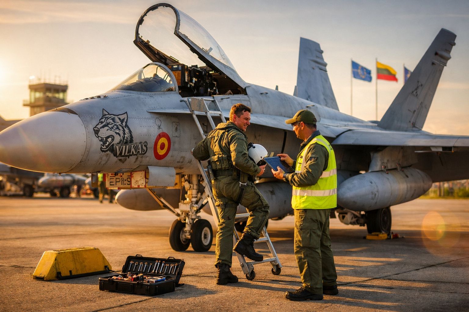 Dois militares junto a um caça F-18 no pátio do aeroporto ao pôr do sol.