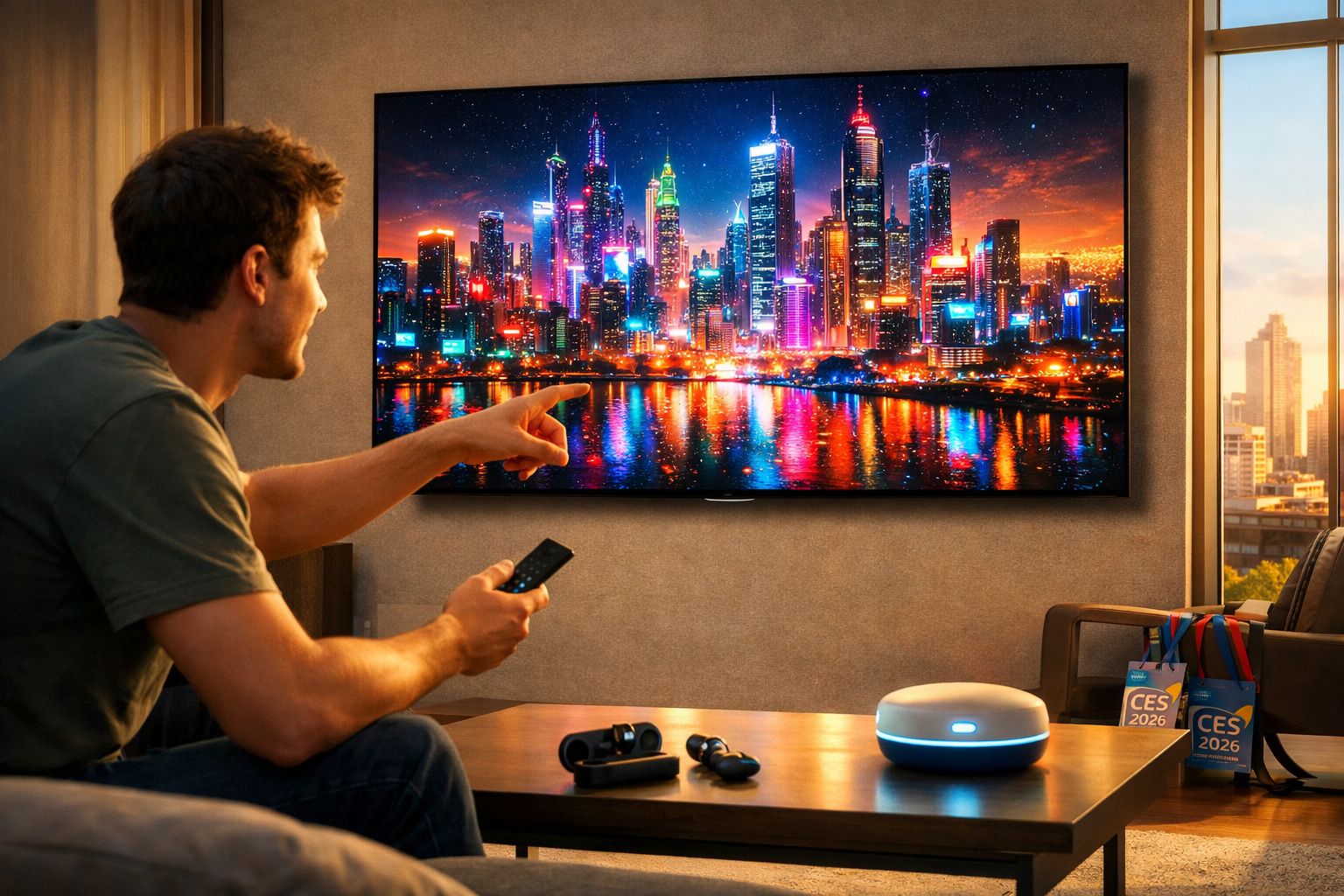 Homem sentado no sofá a apontar para uma TV com imagem colorida de cidade iluminada ao anoitecer.