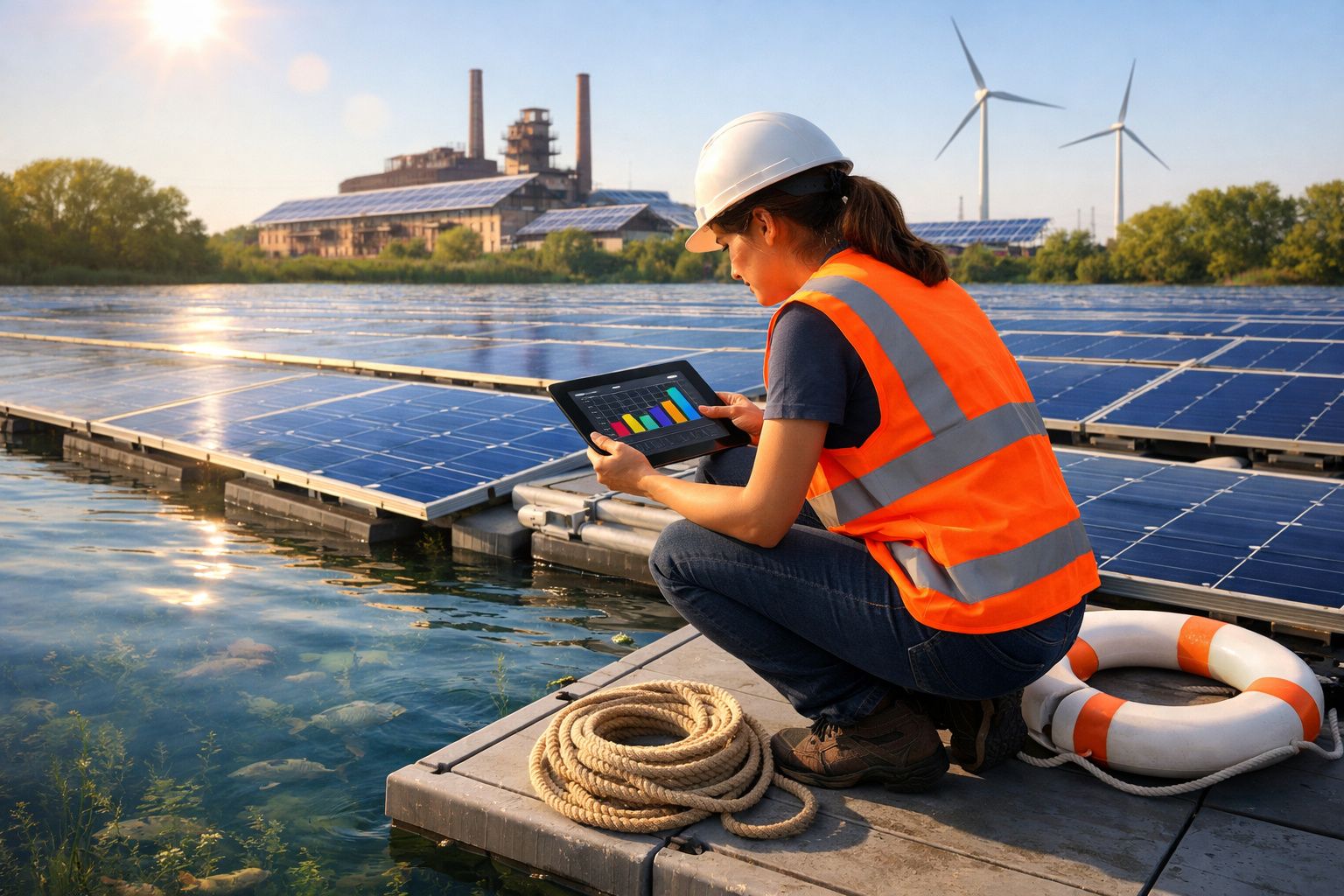 Engenheira com colete e capacete verifica dados em tablet junto a painéis solares flutuantes numa fábrica.