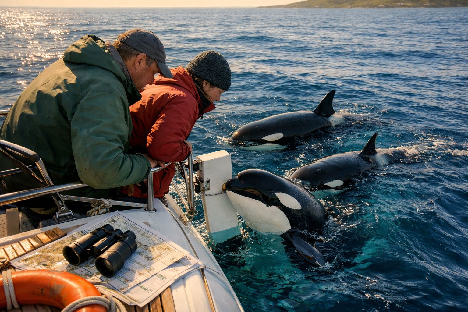 Duas pessoas num barco observam três orcas a nadar em águas calmas ao pôr do sol.