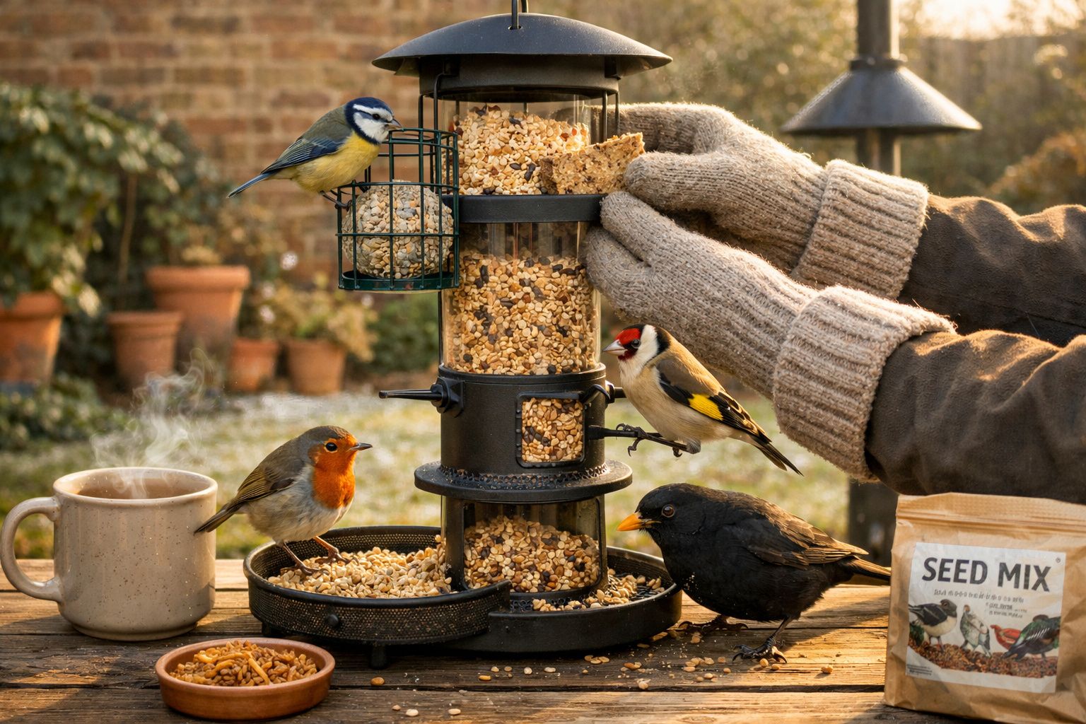 Pessoa a alimentar pássaros com luvas junto a comedouro de sementes num jardim com chá quente ao lado.