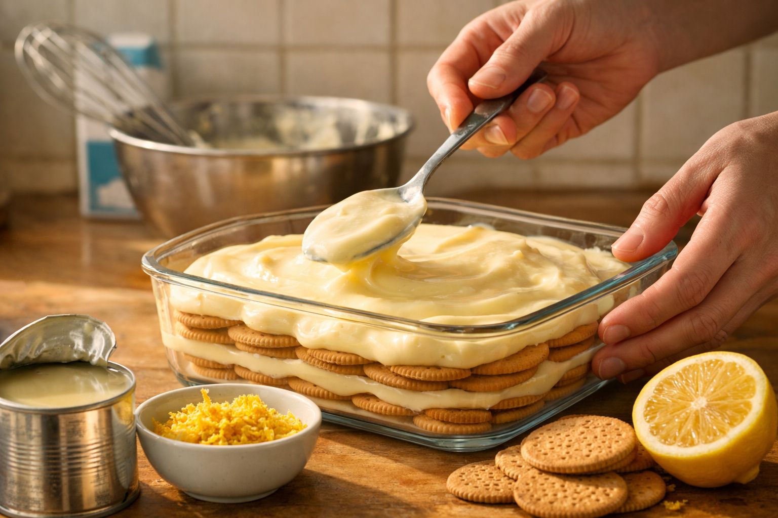 Pessoa a espalhar creme sobre camadas de bolachas numa travessa de vidro, com ingredientes de sobremesa à volta.