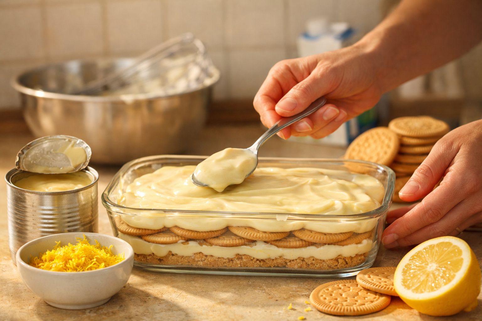 Pessoa a espalhar creme de limão sobre camadas de bolacha num tabuleiro de vidro, com ingredientes à volta.